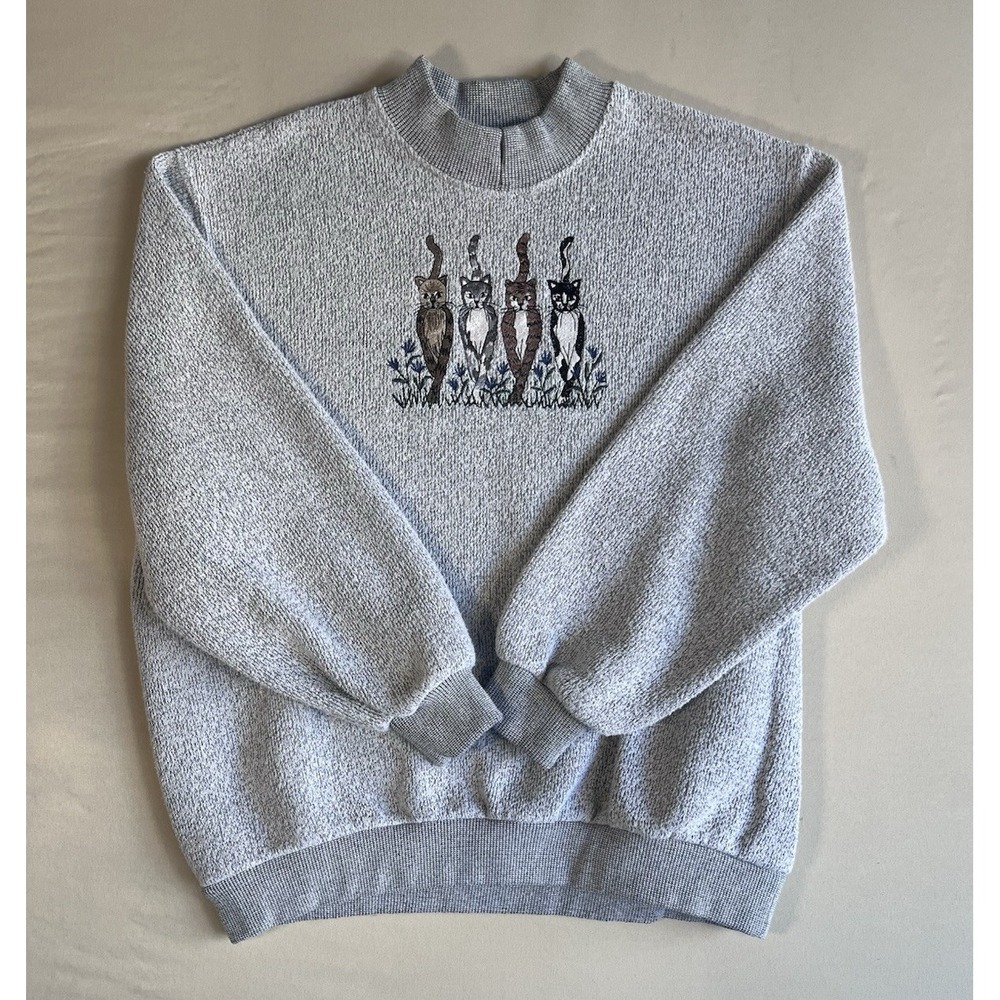 Vintage Style Gray Embroidered Cat Mock Neck Knit Sweatshirt Pullover Grannycore